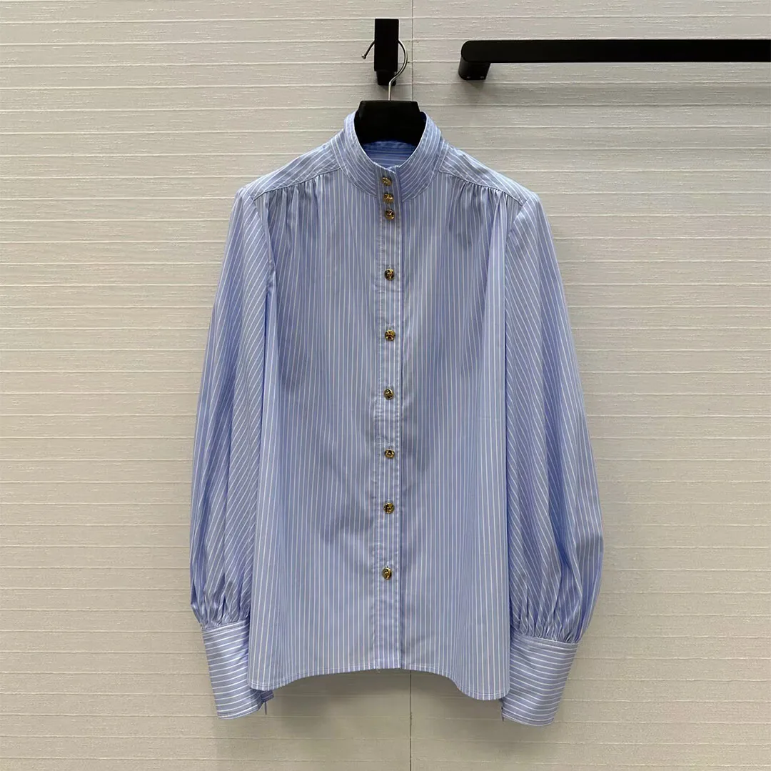 

French Elegant Lady 2025 New Autumn Blue Vertical Stripe Gold Button Loose Shirt Women Lapel Long Sleeve Cotton Blouse Cute Tops