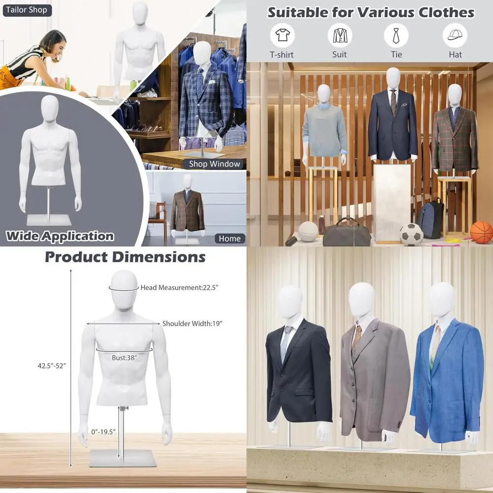 

Adjustable Height Male Mannequin with Metal Stand, Flexible for Tailoring and Display, Lightweight, White