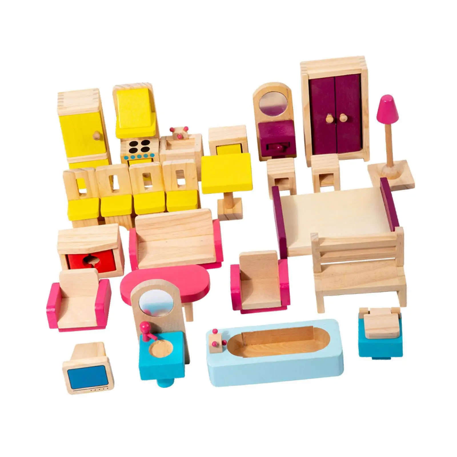 Conjunto de móveis para casa de bonecas de madeira, 26 peças, hobby, artesanato, simulação, casa de brincar