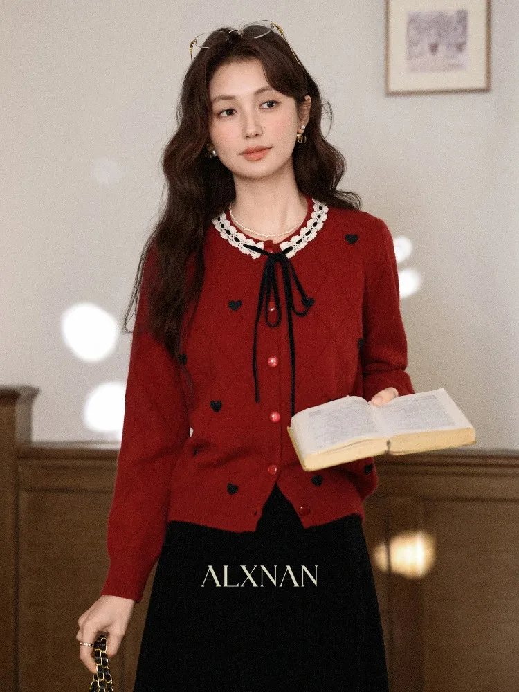 ALXNAN Red Knit Cardigan Women 2025 Fall Winter Long Sleeve Heart Sweater Chic French Style Ladies Warm Knit Tops DYL663086
