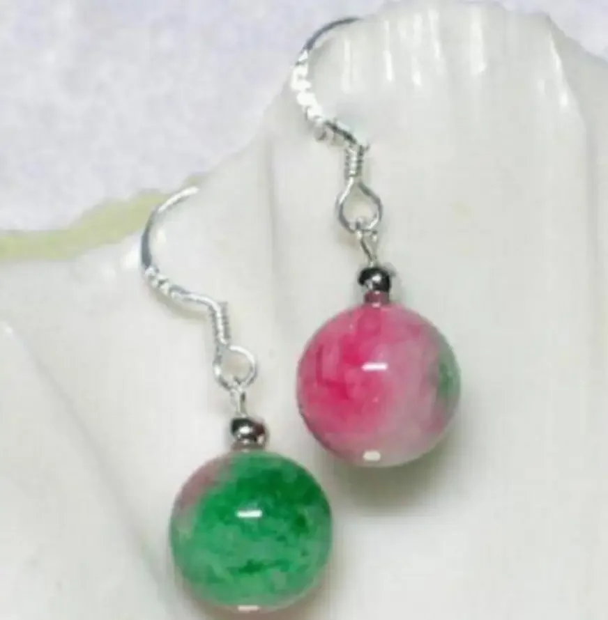 

100% Jade Earrings 10-12mm Green Multicolor jade Jadeite laboratory-created 925 Silver Hook Earrings