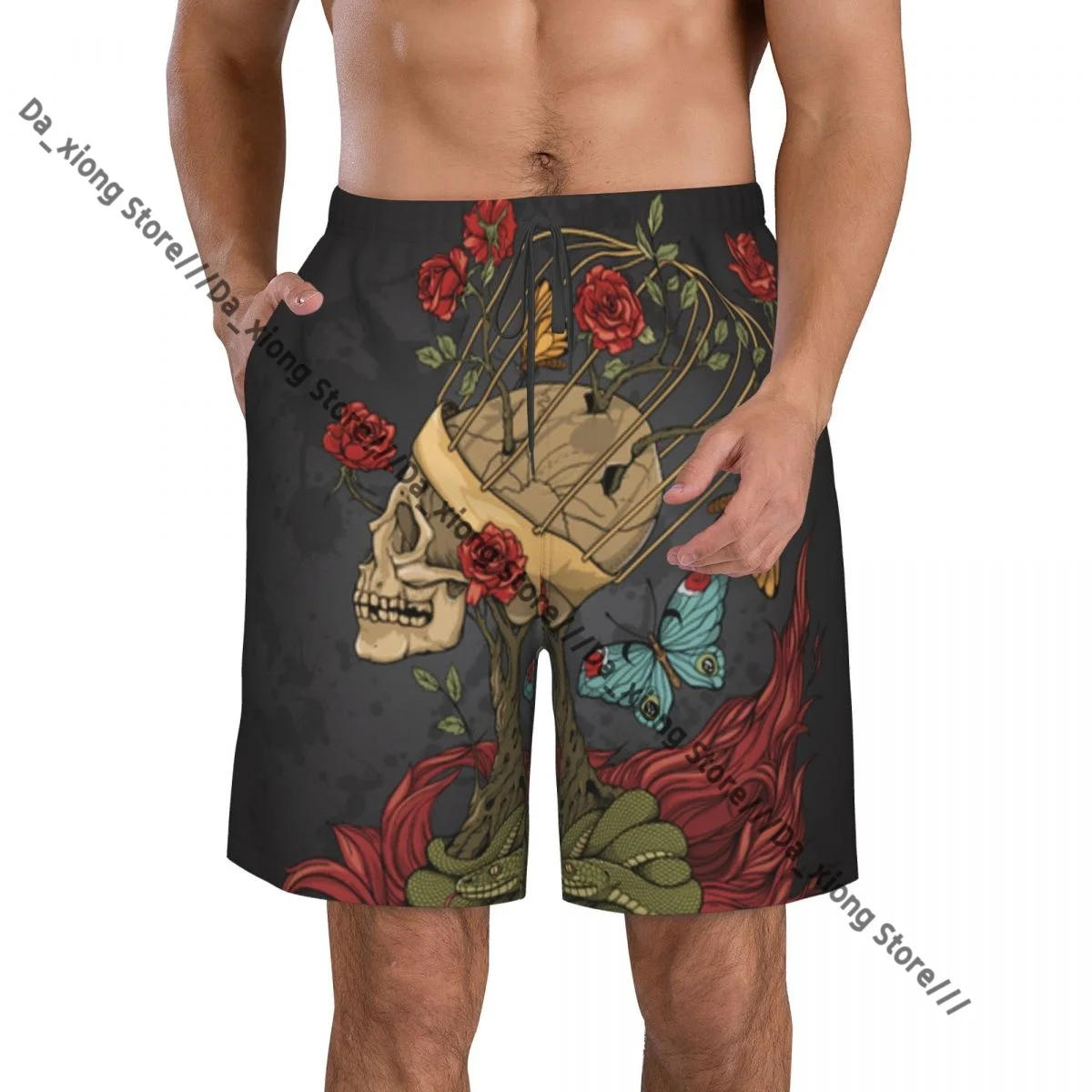 Mens Swimming Shorts Swimwear Evil Mexican Sugar Skeleton Bush Of Roses Snake And Art Trunks Swimsuit Beach Wear Boardshorts