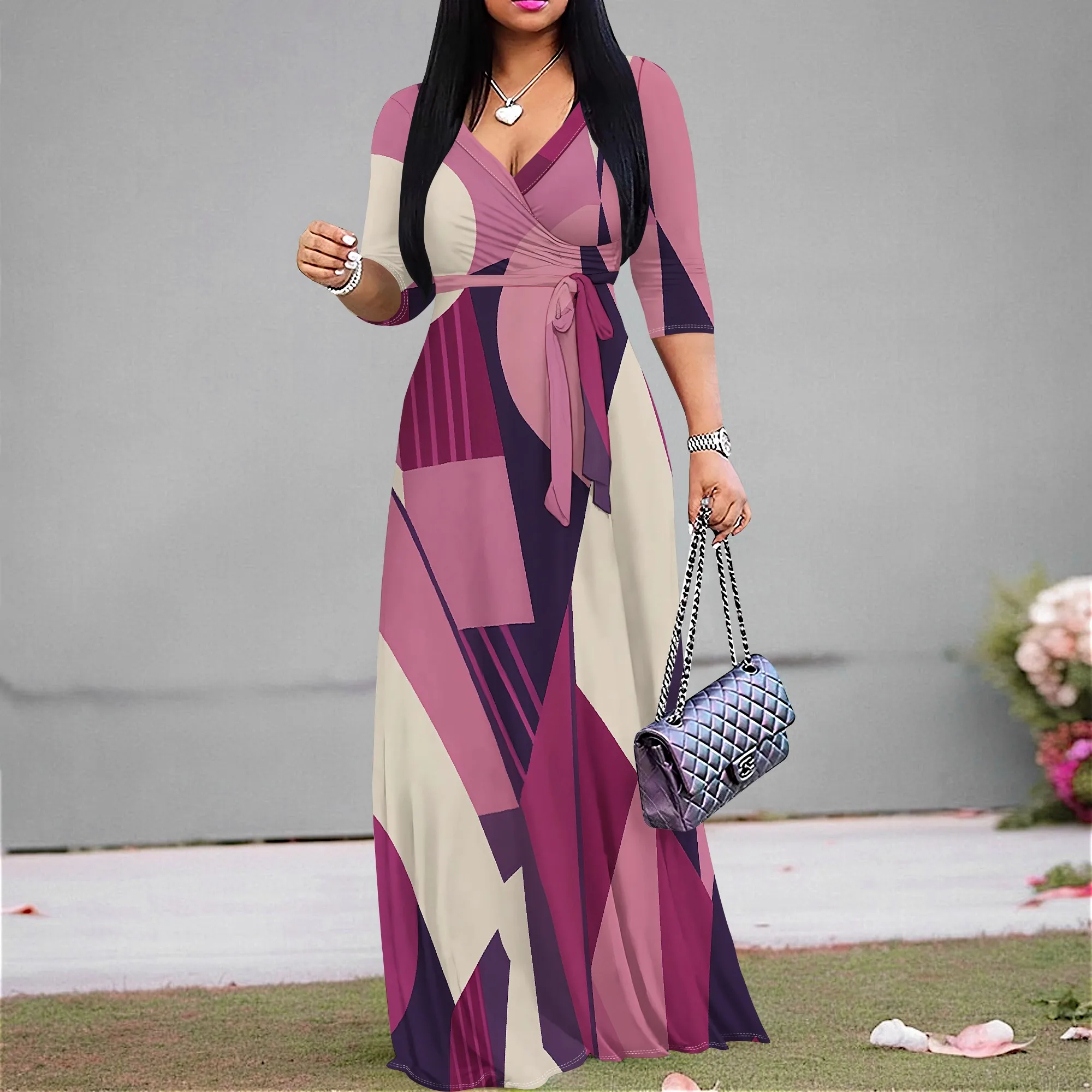 

Purple Geometric Print Wrap Maxi Dress S-3XL V-Neck Belted Style for Wedding Guest, Garden Party or Summer Vacation Look