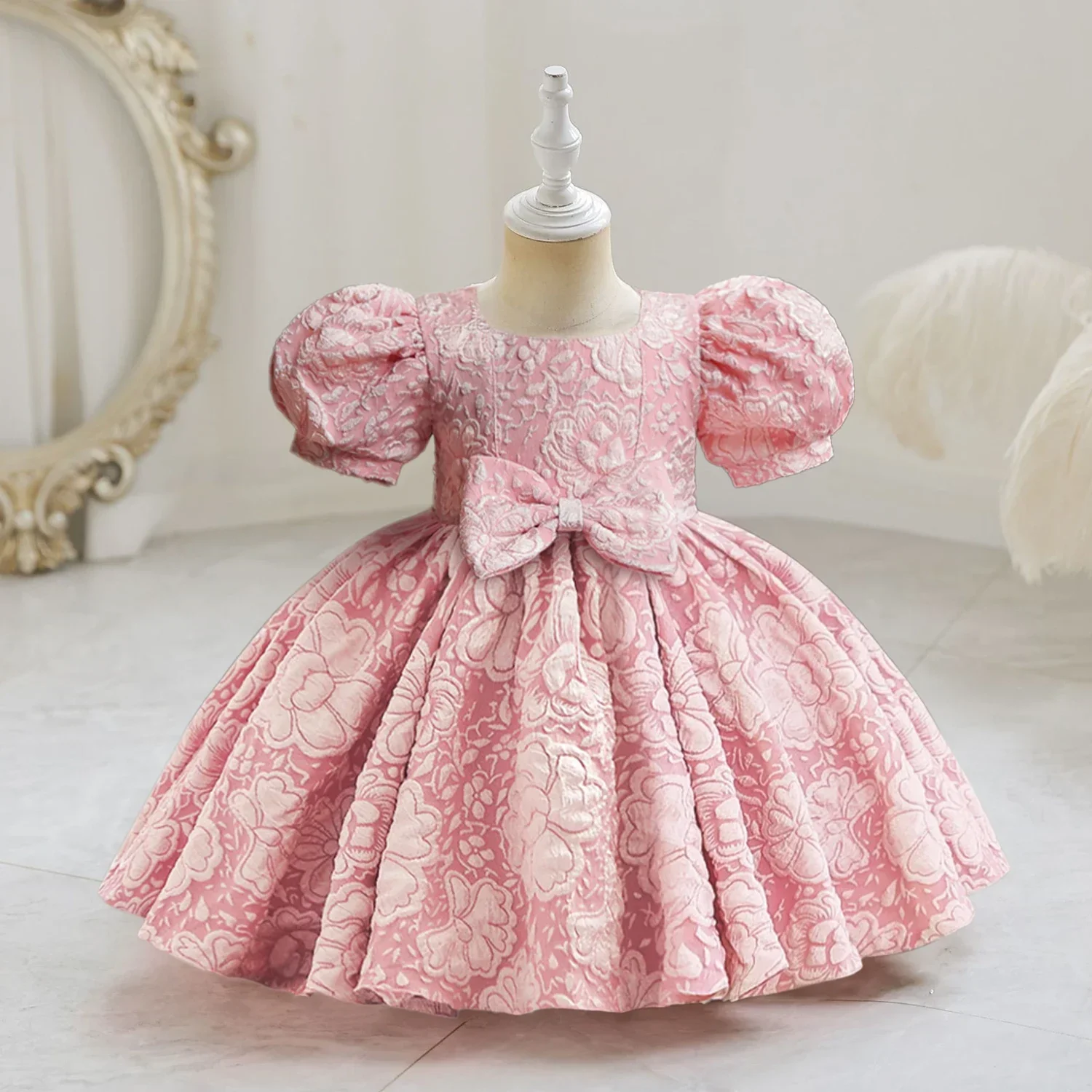 Newborn Baby Girls Dress Cute Floral Short Sleeves Dress for Patchwork Kids Dresses Holiday Party Pink Princess Dress for 1-5Yrs