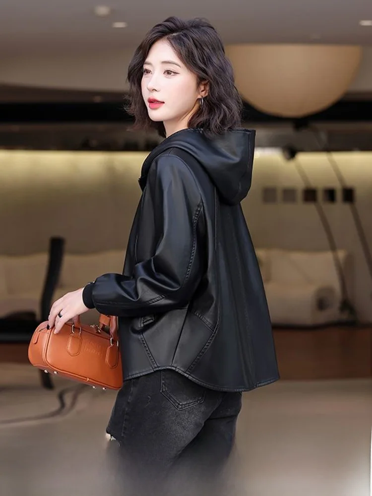 

Ning Genuine Leather Jaet Women's ort Sle Casual Hooded eepskin Coat Loose Outerwear Spring Autumn New Arrival