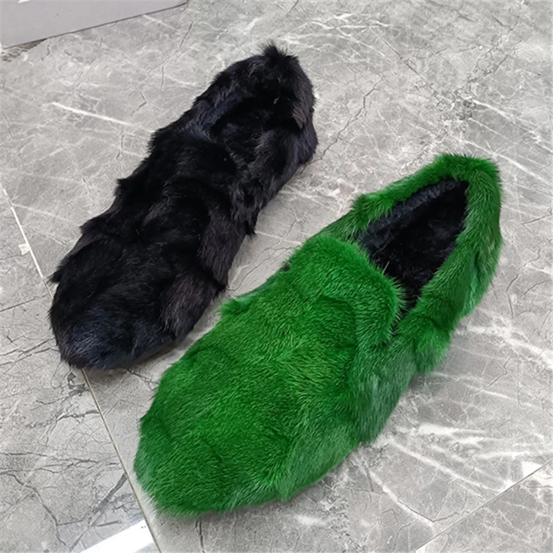 Green Real Mink Fur Women Flats Slip-on Loafers Casual Espadrilles Female Walking Driving Shoes Thick Sole Platform Moccasins