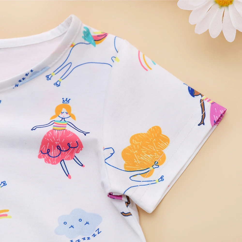 Pyjama imprimé arc-en-ciel pour bébé fille, chemise à manches courtes et pantalon long