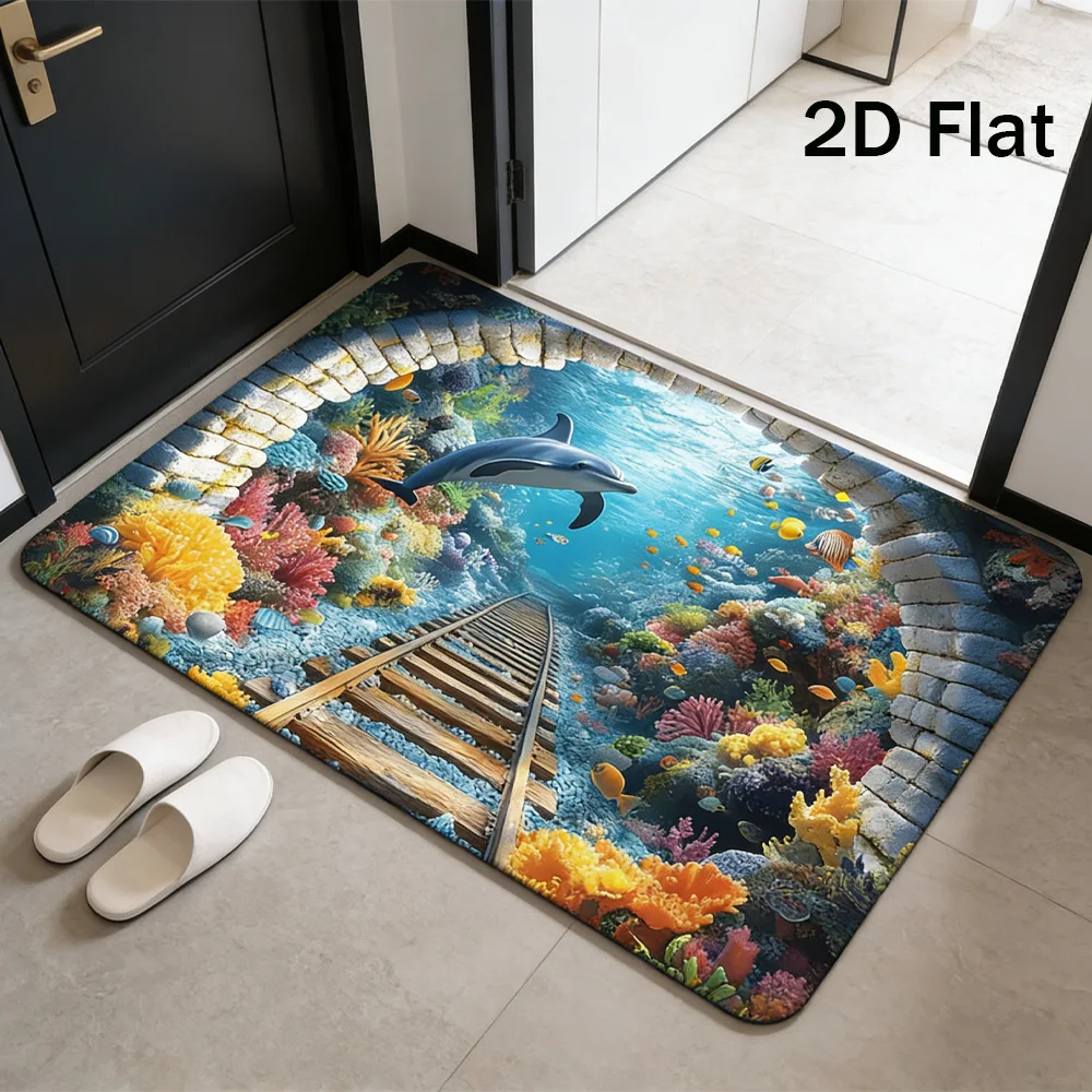 Dolphin Theme 3D Vision Cave Pattern Floor Mat Non-Slip Absorbent Entrance Rug for Bathroom Kitchen Living Room Decor