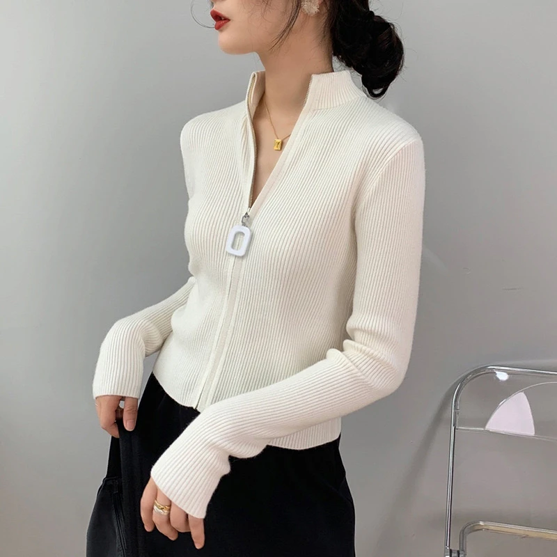 LMQ Zipper Knitted Sweater Women Cardigan Pull Femme Clothing Fashion Casual Sueter Tops Vintage Coats Long Sleeve knitwears