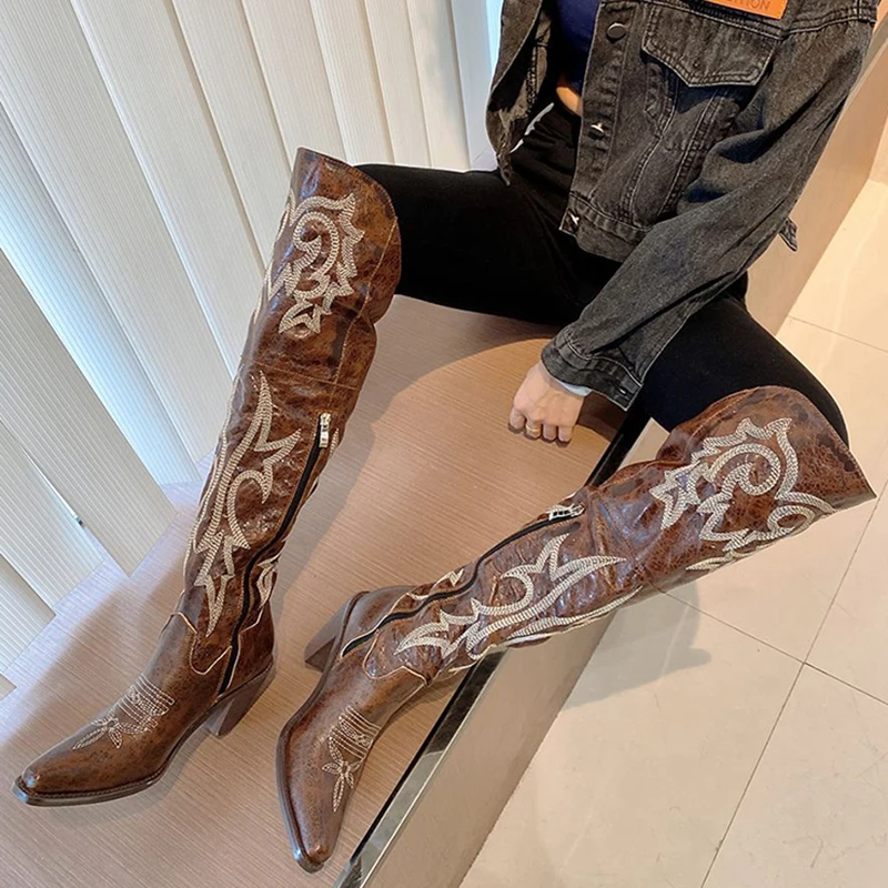 

New Embroidery Knee-High Boots Women Side Zip High Heels Women Knights Boots Pointed Toe Western Boots Fashion Botas de mujer