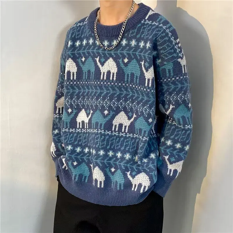 Japan Style Printed Pullovers Knitted Men's Clothing Vintage Folk Autumn Winter Spliced O-Neck Chic Loose Long Sleeve Sweaters