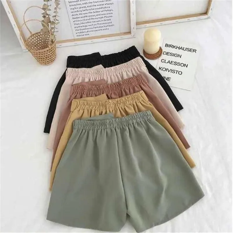 Office Elastic High Waist Shorts Women A-line Short With Belt Wide Leg Loose Short Pants Summer 2023 Harajuku Korean Feminino