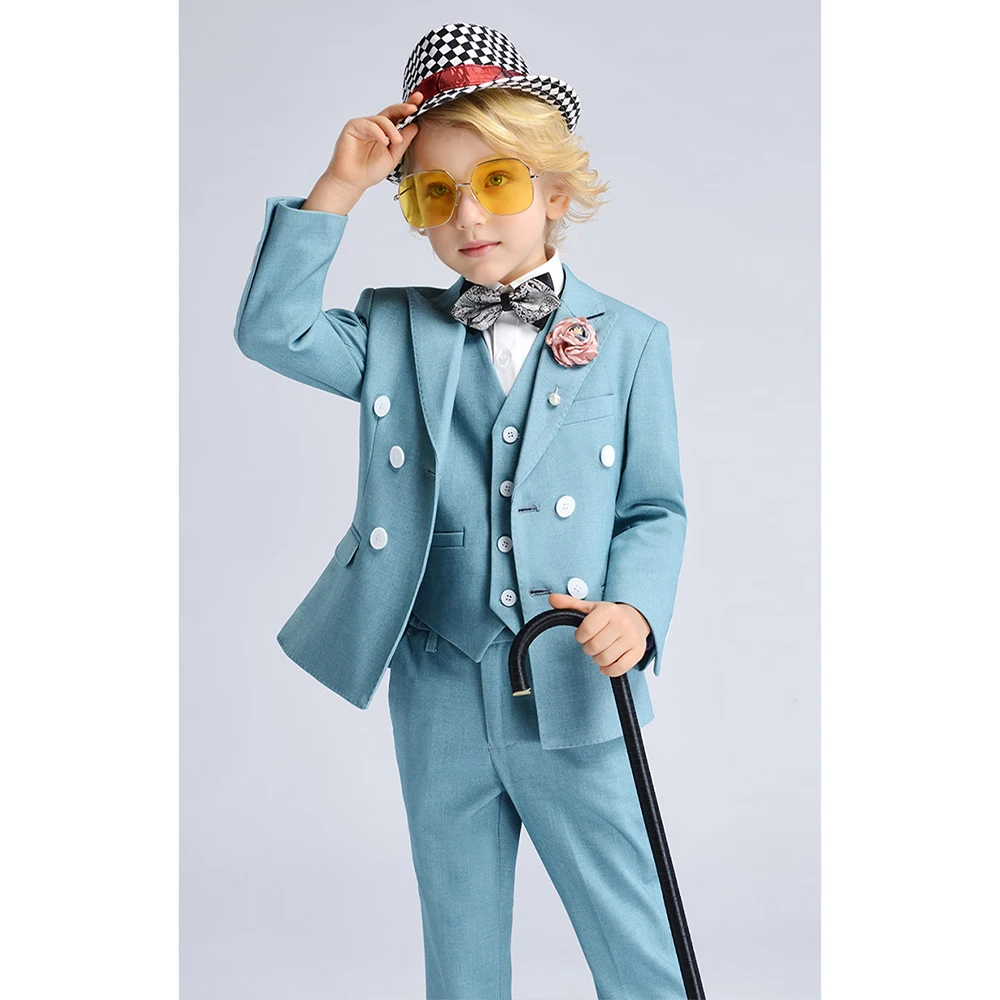 

Kids Clothes Fashion Double Breasted Peak Lapel Children Suit Catwalk Stage Performance Host Wedding Party Boy Suits 3 Piece