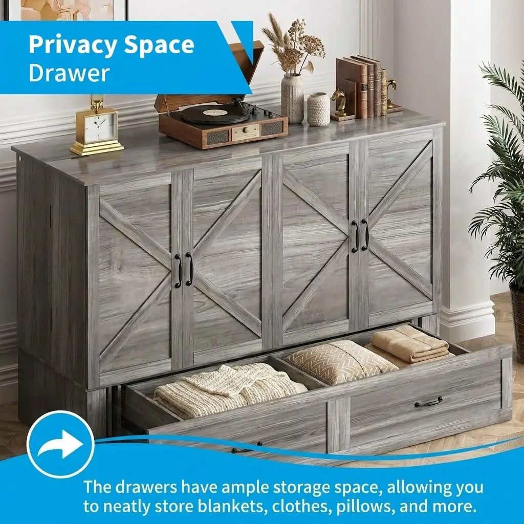 Queen Murphy Bed Cabinet Tri-Fold Mattress Charging Station Hidden Storage Drawers Space Saving Chest Wall Bed, Customized view 6