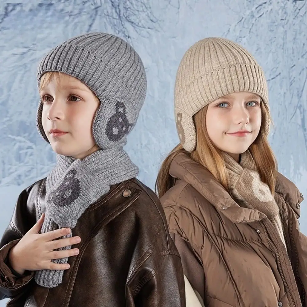 

New Fleece Lined Winter Hat Scarf Set Ear Protection Knitted Pullover Cap Cartoon Bear Windproof Children's Scarf for Children