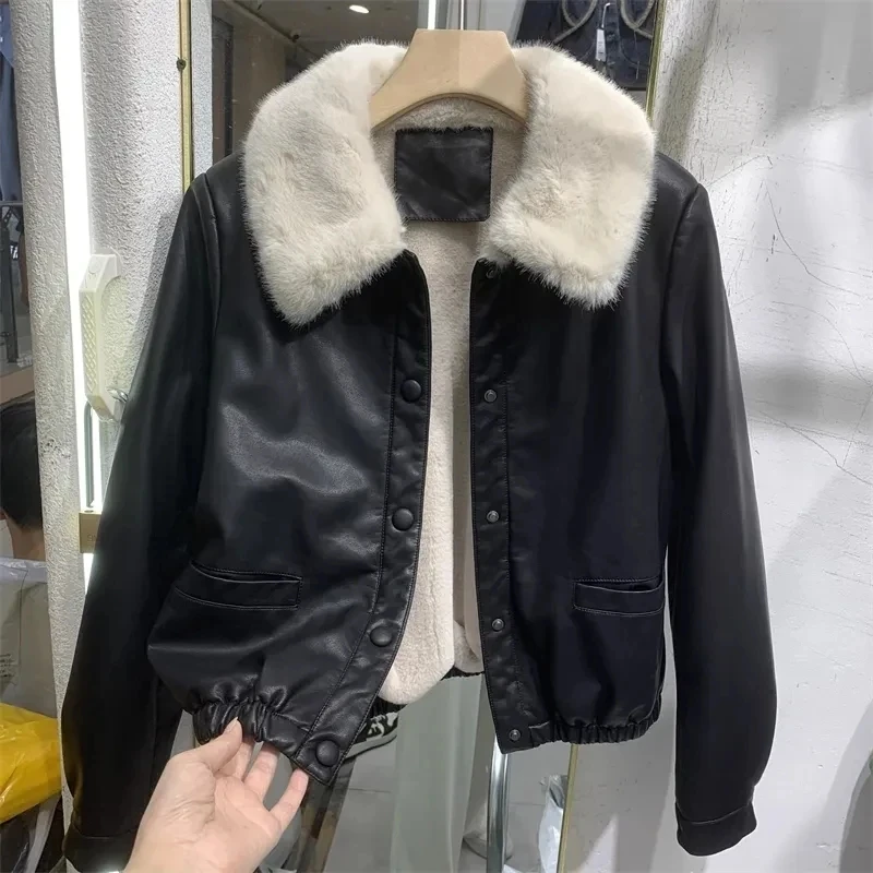 

Autumn Winter Pu Skin Plush Thickening 2024New Female Leather Jacket Coat Large Woolen Collar Short Tops Thickening Jacket Women