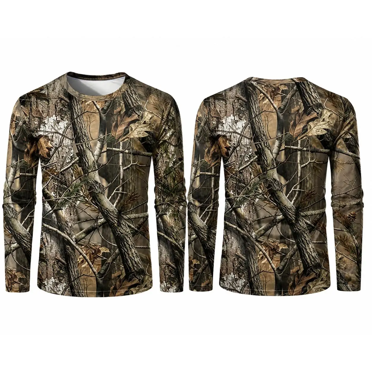 Men's Outdoor Bionic Camouflage Long Sleeve T-Shirt 3D Bark And Reed Leaf Printed Tee Autumn Fishing And Hunting Sports Top