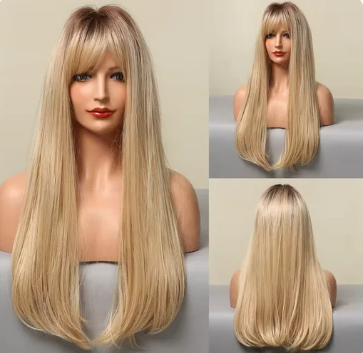 Ombre bruin platinablond synthetische pruik met pony lange rechte natuurlijke haarpruik voor vrouwen cosplay hittebestendig