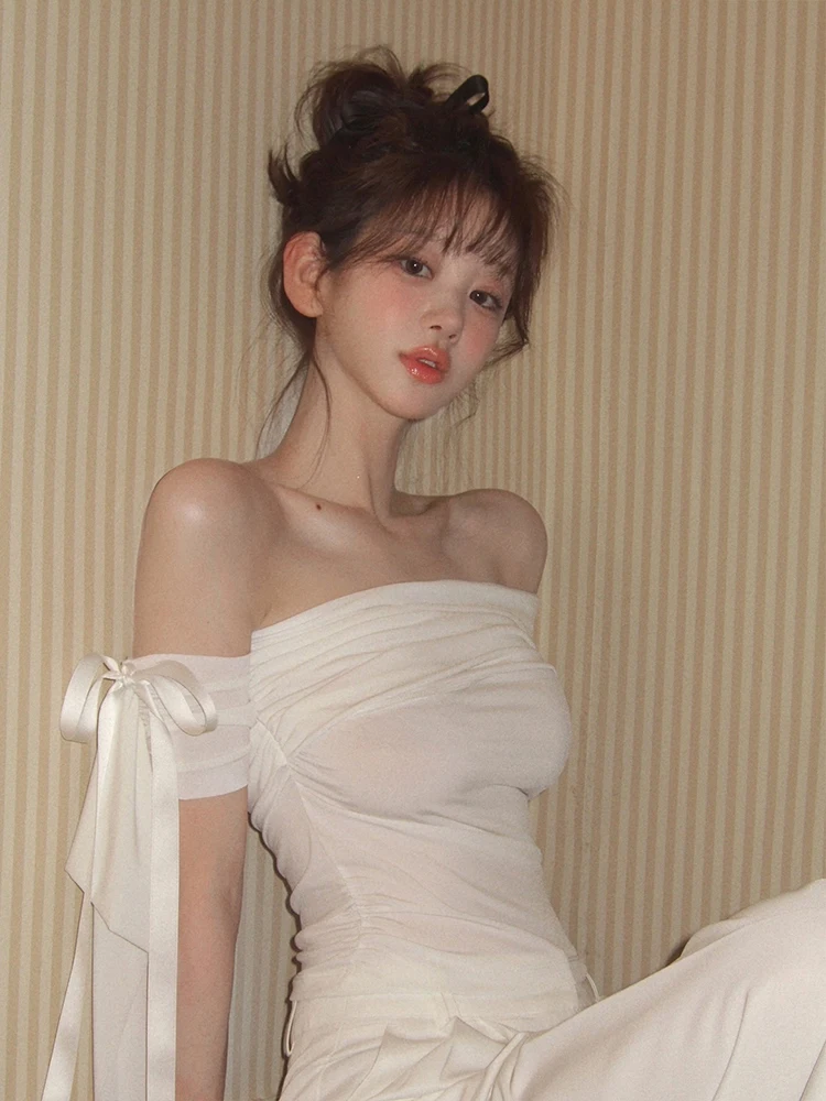 Sisterlinda Ruched Elegant Tank Tops Women 2025 New Trend Bowknot Off Shoulder Backless Street Y2K Sweet Style Elegant Crop Tops