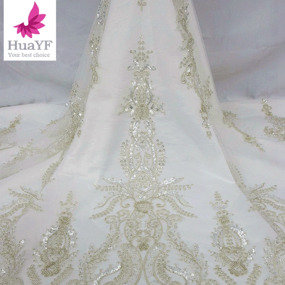 Luxury white French embroidered lace bridal lace fabric, European and American high-end bead tube sequin fashion we Sell By Yard