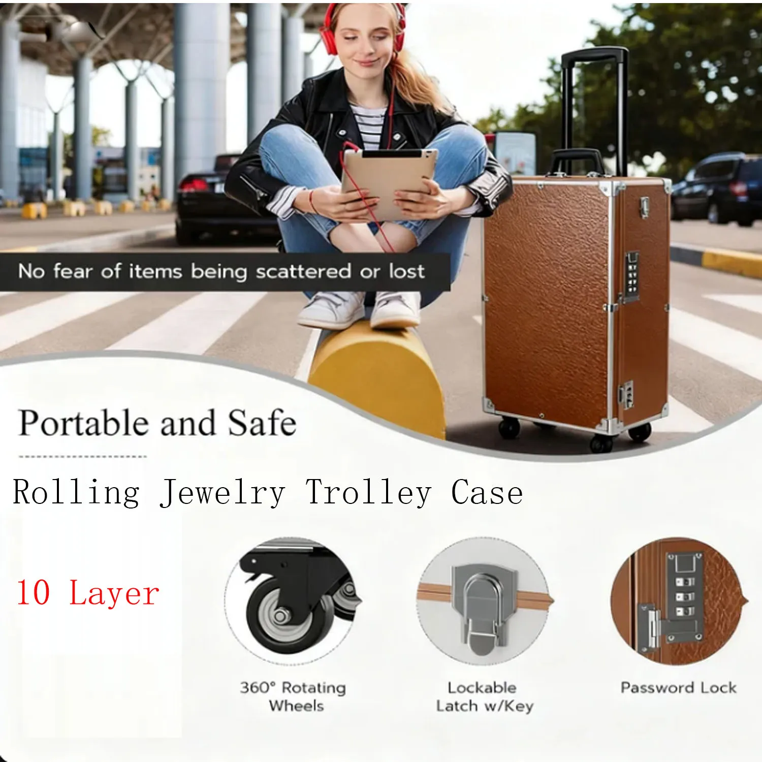 

Large Capacity Makeup SuitcaseJewelry Exhibitor Box 10Drawer Jewelry Watch Bangle Storage Travel Trolley Case W/Universal Wheels
