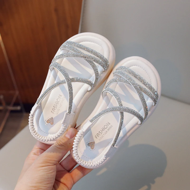 Summer New Children\'s Sandals Fashion Luxury Girls Rhinestone Strap Beach Shoes 2024 Kids Princess Thick Bottom Sandals Open-toe