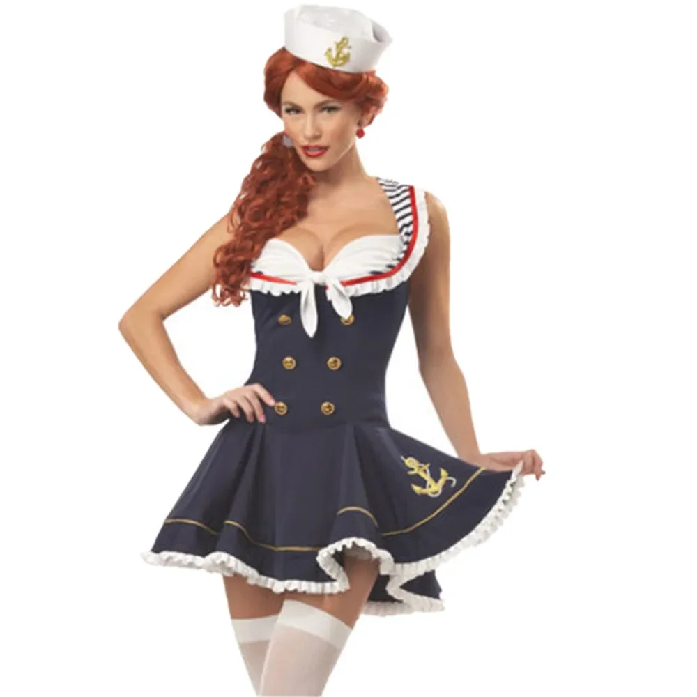 Sexy Women Nautical Navy Sailor Cosplay Costume Halloween Canival Party Mariner Masquerade Mini Dress