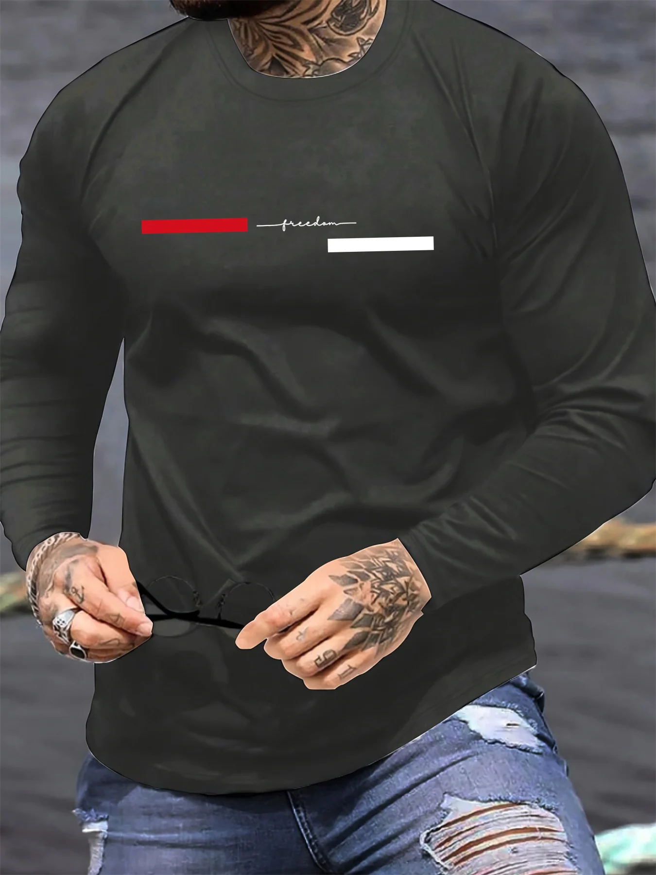 100% algodão puro masculino manga comprida em torno do pescoço solto casual liberdade carta padrão impresso primavera e outono versátil camiseta