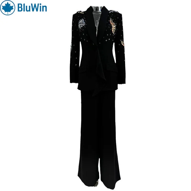 

BluWin Sequin Blazer Pants Suit Women Tailored Two Piece Set Beaded Shoulder Sparkle Elegant Black Evening