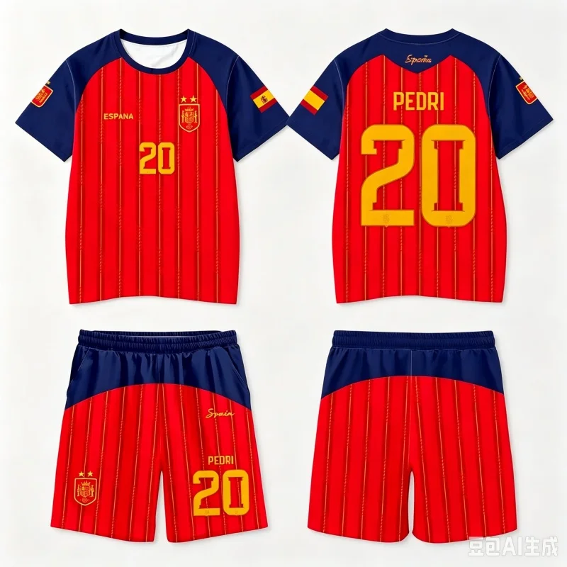 2026 Spanien Team Uniform Yamal Fußball-Uniform T-Shirt und Shorts Kurze Hosen Herren Freizeithosen Sporthosen Familien-Kinder-T-Shirt-Set – Detail 1