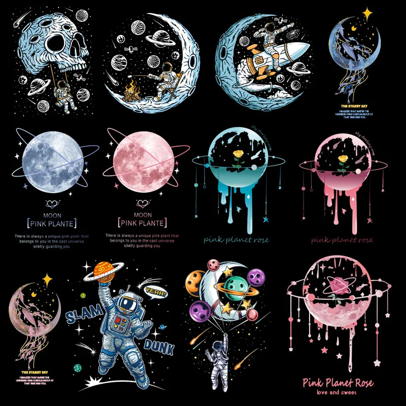 Planet Space Applique Iron-on Transfers For Clothes Astronaut Stickers Heat Thermal Transfer For Clothing Stickers For T-Shirt