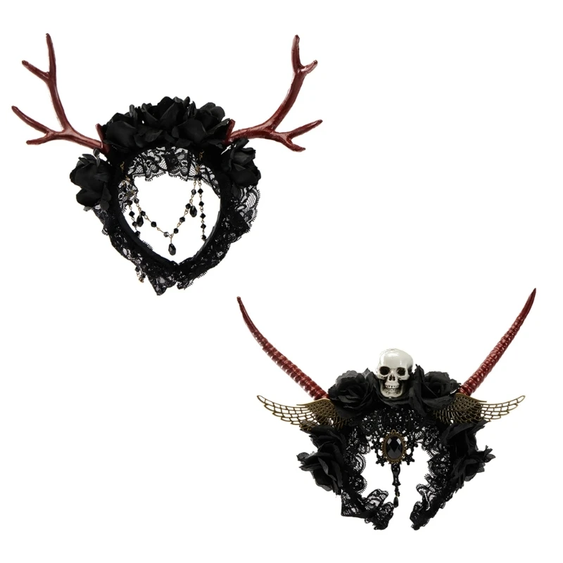 

Witch Rose Hairband Costume Hair Hoop Gothic Horn Headwear for Live Show