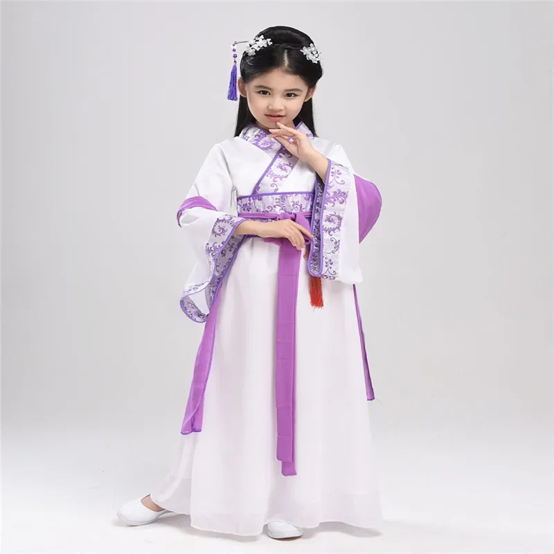 Traje de vestido de seda chinês para meninas, crianças quimono, fã étnico tradicional vintage, estudantes dança coro, hanfu