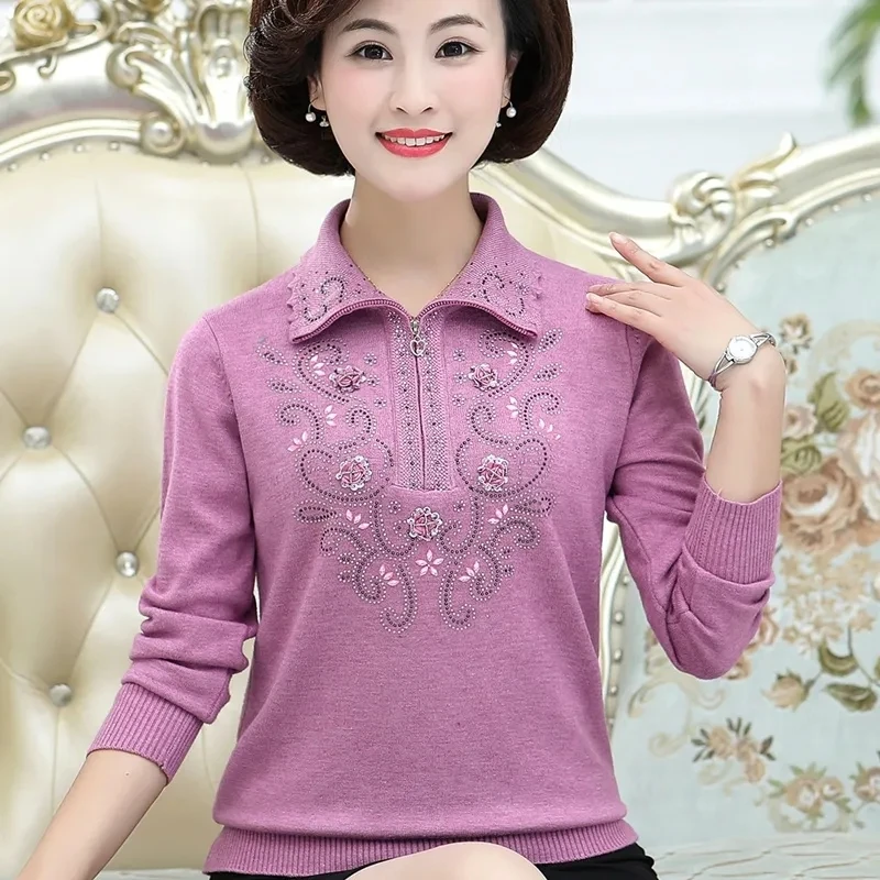 Middle-aged Women\'s Sweater Spring Autumn Long-sleeved Lapel Zipper Pullover Tops 4XL Lady Casual Knit Sweater