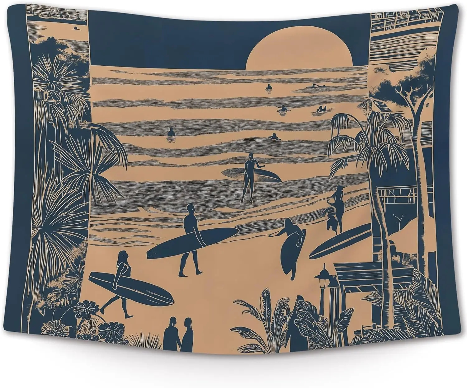 Coastal Beach Wall Tapestry, Ocean Beach Wall Tapestry Hanging for Bedroom, Vintage Coastal Surf Palm Tree Sunset Landscape