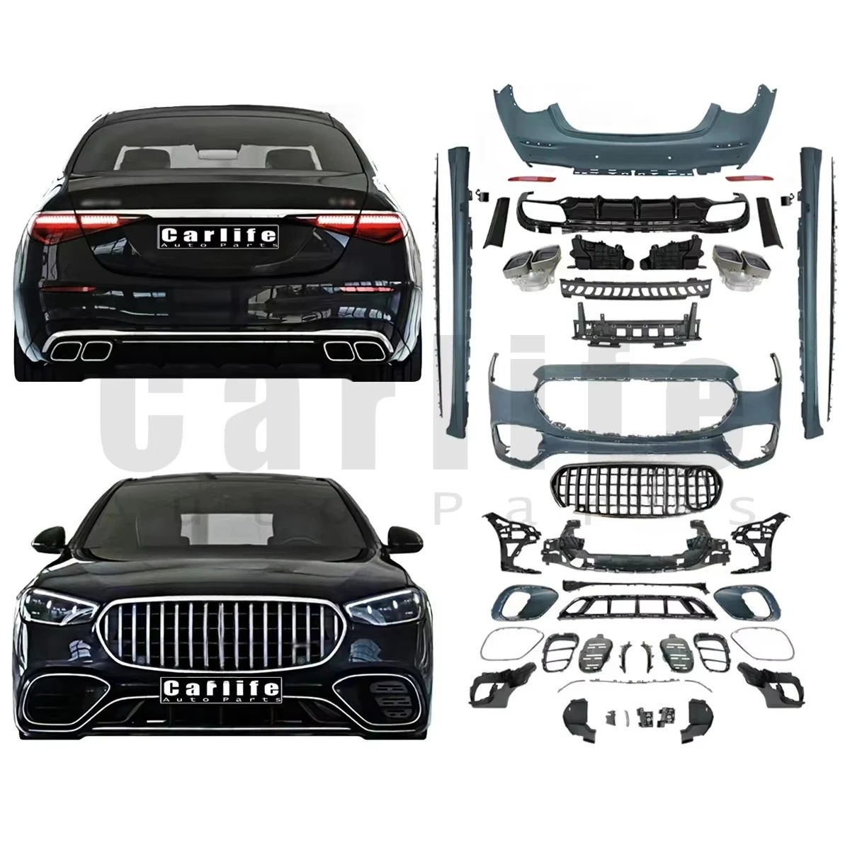 

For Mercedes Benz S Class W223 Body Kit 2021+ Change to S63 AMG with Front Rear Bumper and Griller.