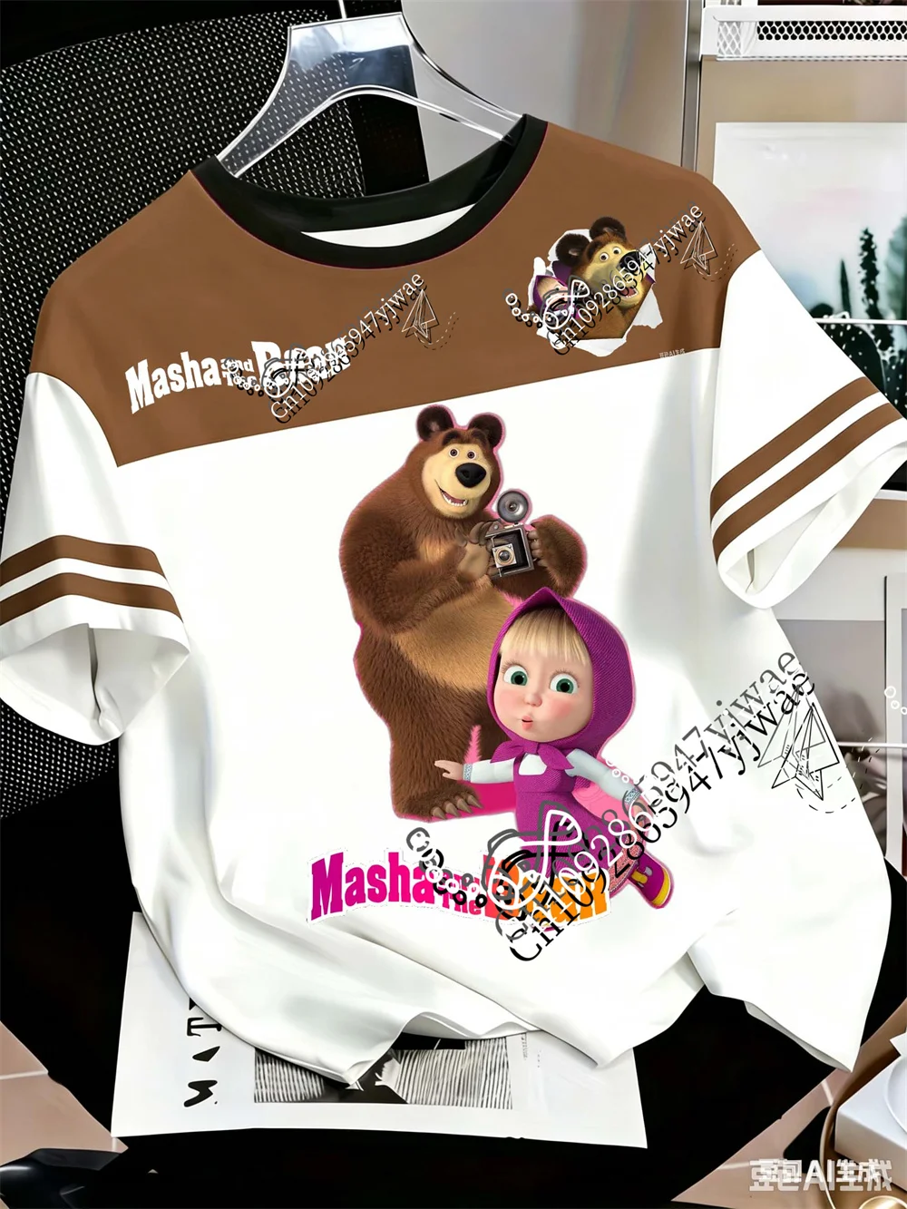 Mascha und der Bär Cartoon-Druck Jersey O-Ausschnitt Modisches Streetwear T-Shirt für Jungen und Mädchen Sommer Erwachsenen-T-Shirt – Detail 3