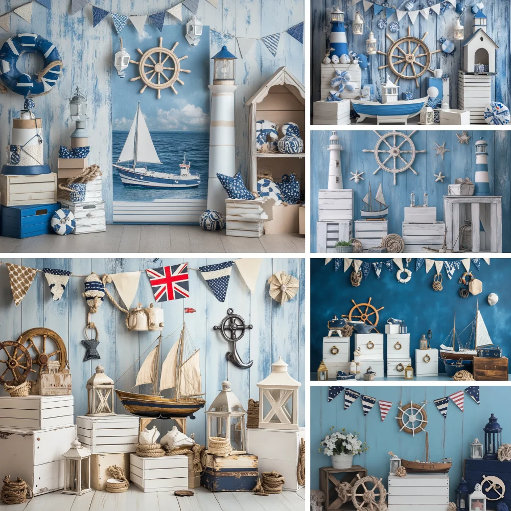 

Nautical Birthday Theme Background for Boy Photography Blue White Sailboat Lighthouse Wood Backdrop Kids Photo Studio