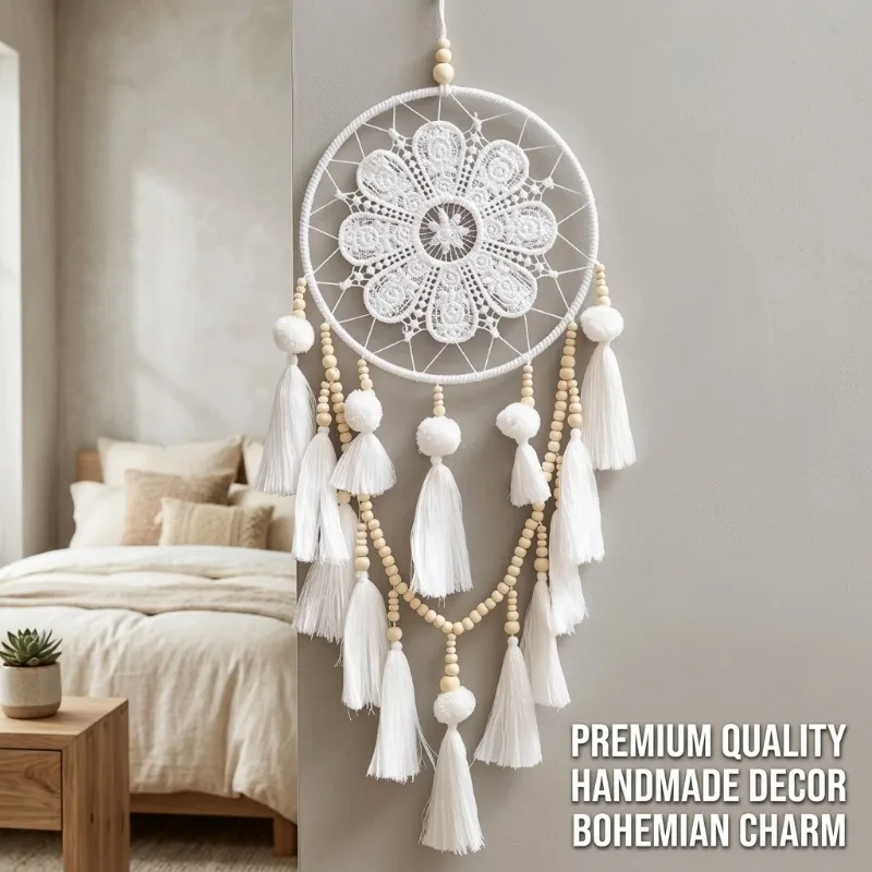 Handgefertigter Bohemian Traumfänger Wandbehang mit Quasten, Schlafzimmer Heimdekoration Indoor Boho Perlen Raumdekoration