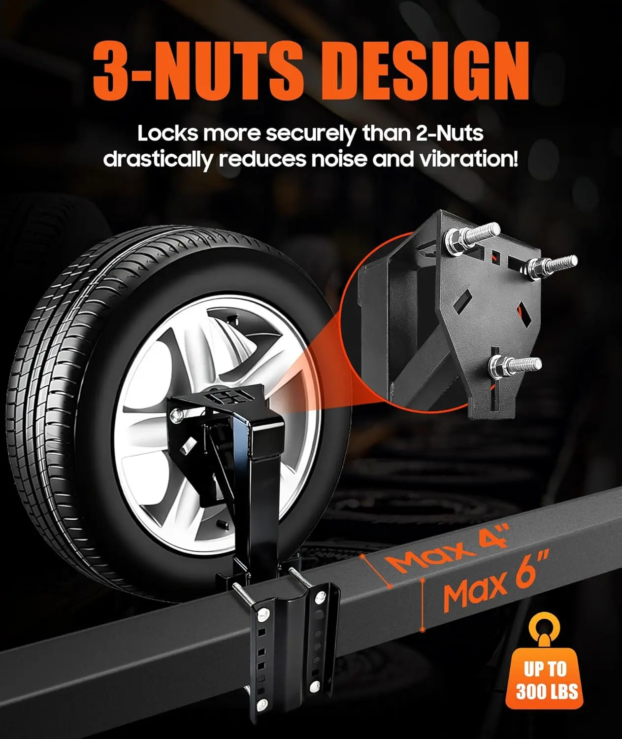 Heavy Duty Spare Tire Mount with 3-Nut Design, 300lb Capacity, Fits Multiple Lug Patterns