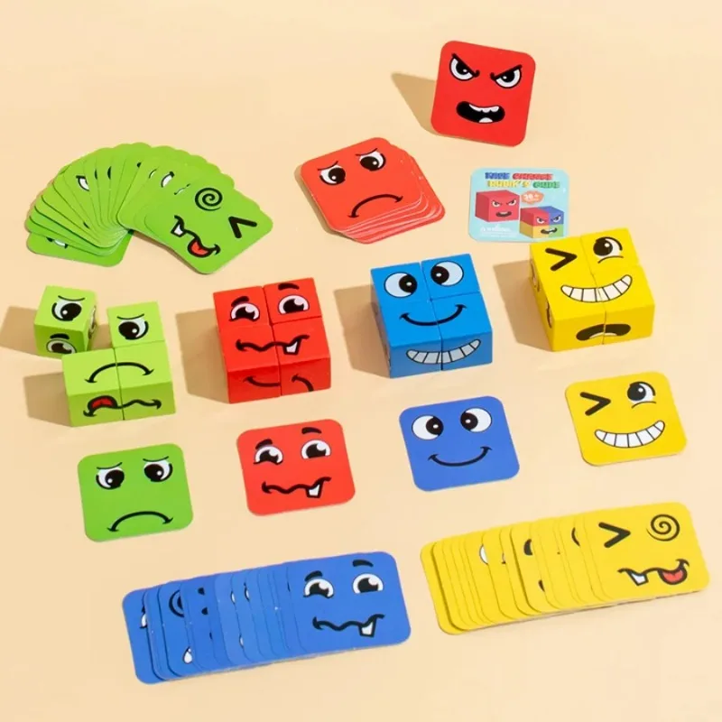 Gioco di espressione delle emozioni per bambini Cubo di legno Tabellone che cambia il viso Puzzle di cartoni animati Giocattolo Giochi di sfida di pensiero Montessori