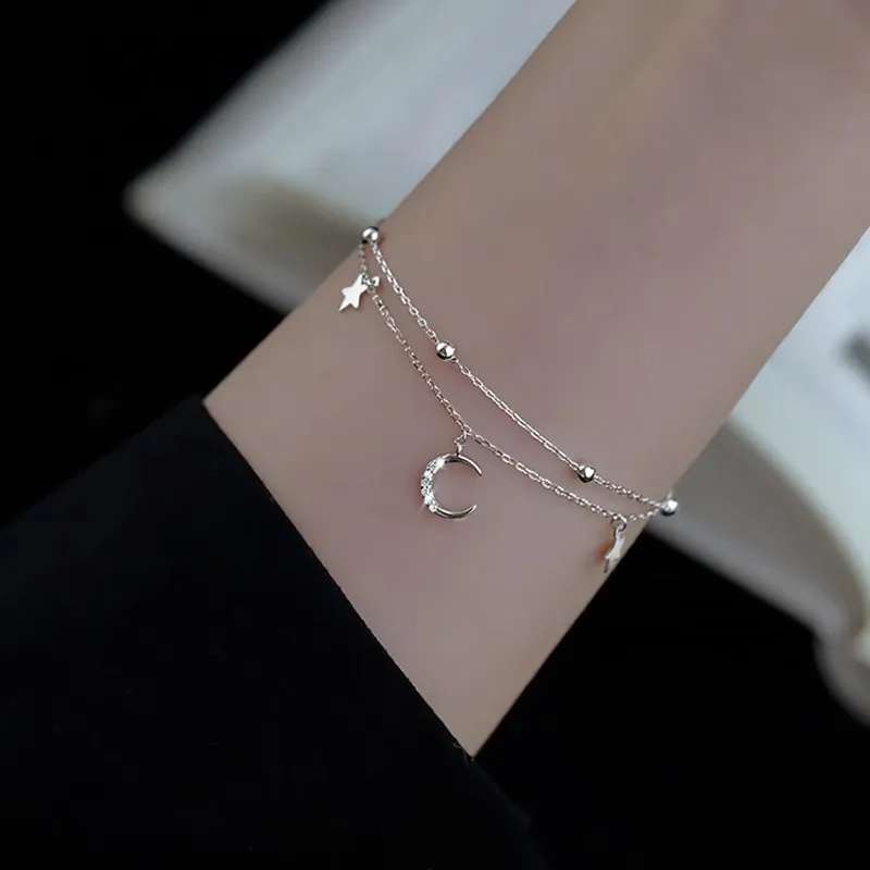 925 Sterling Silver Double Layer Star Moon Ball Bracelet Sparkling Zircon Bracelet Cute Fashion Wedding Jewelry Birthday Gift