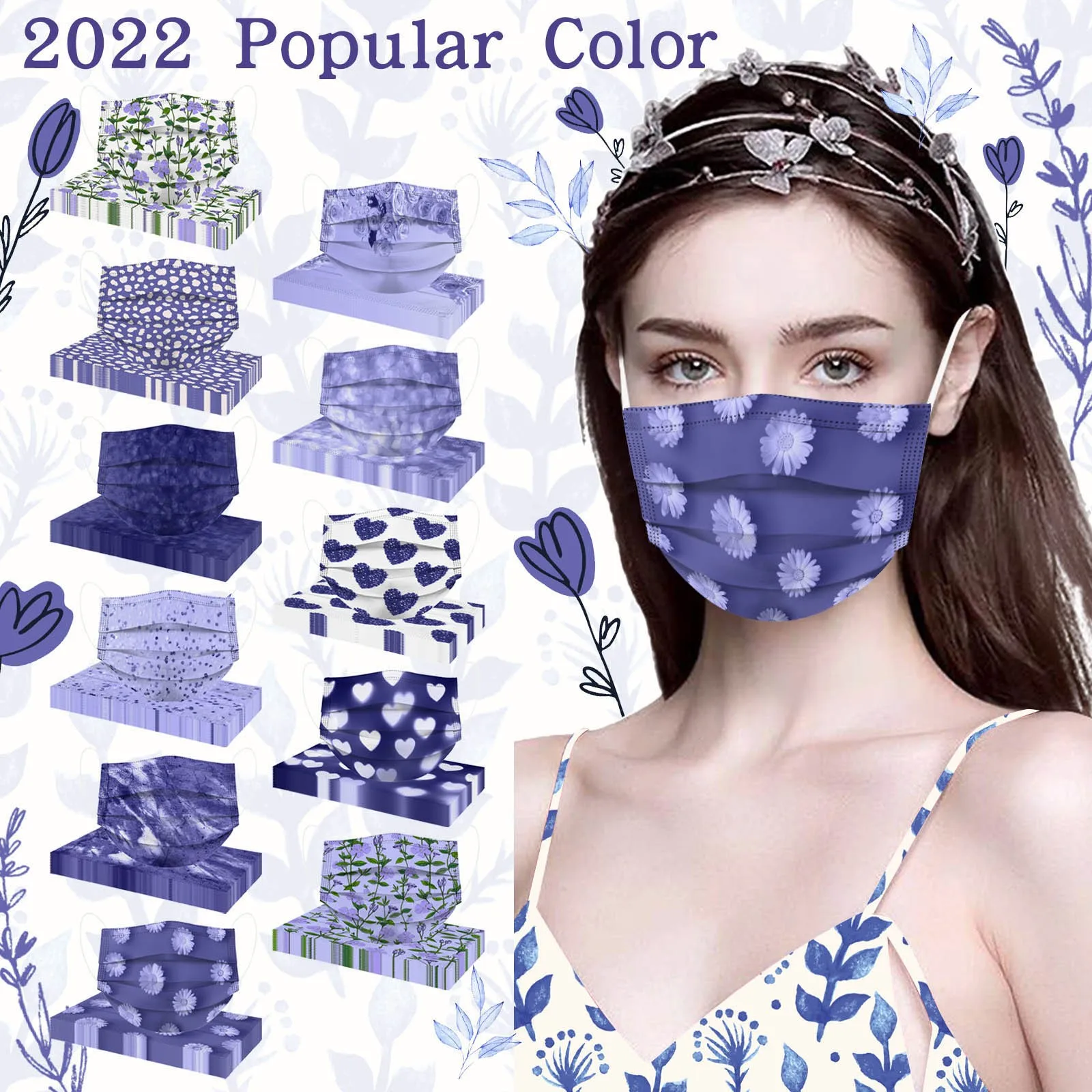 10pc Disposable Adults Mask Periwinkle Blue 2022 Popular Color Mouth Cover Facemask Flowers Masks Mascarillas Halloween Cosplay