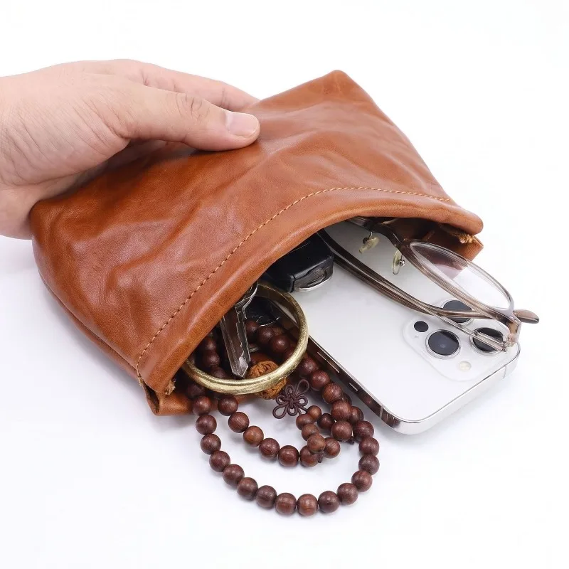 New Men Genuine Leather Vintage Magnetic Closure Pouch Wrinkle Cowhide Multi‑use Storage Bag for Jewelry Coins Earphone Cables