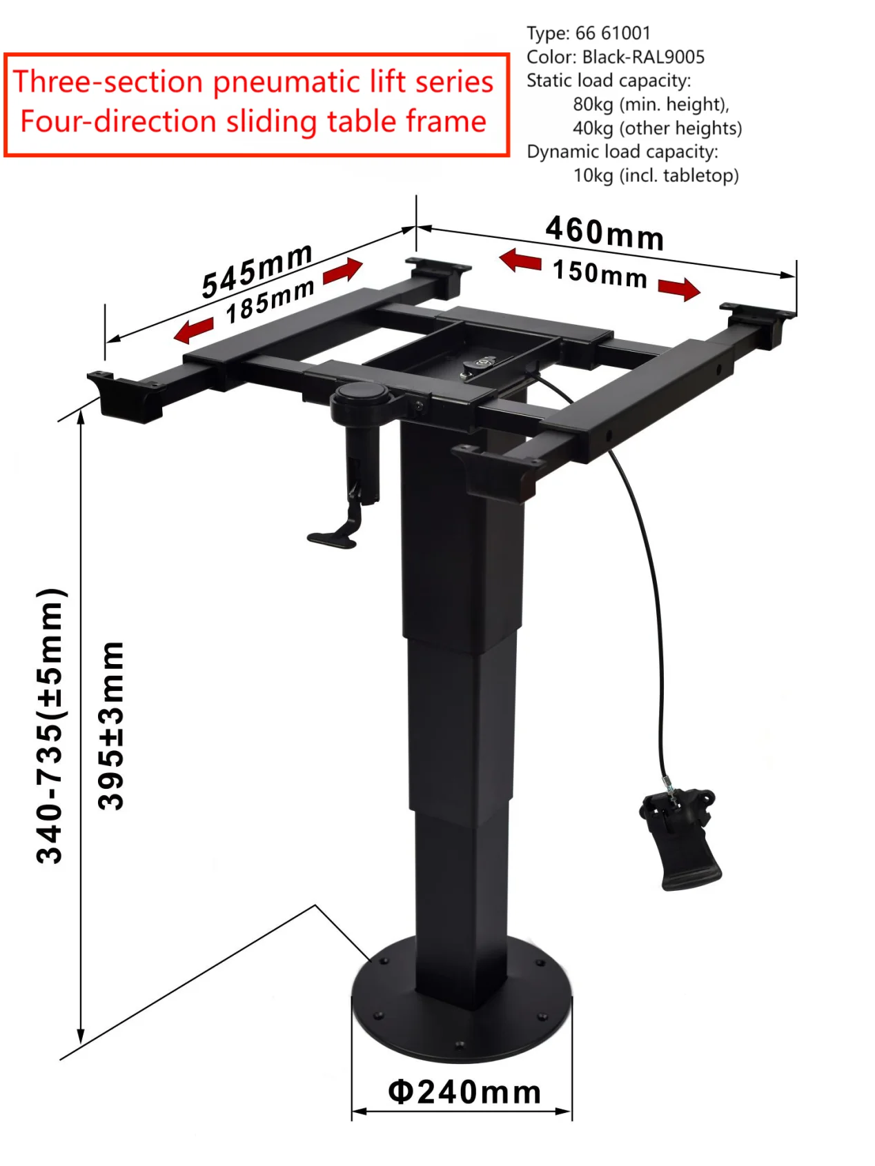 Awnlux Aluminum Alloy Lightweight Adjustable Black Pneumatic Lift RV Boat Pedestal Detachable Table Legs for Caravan