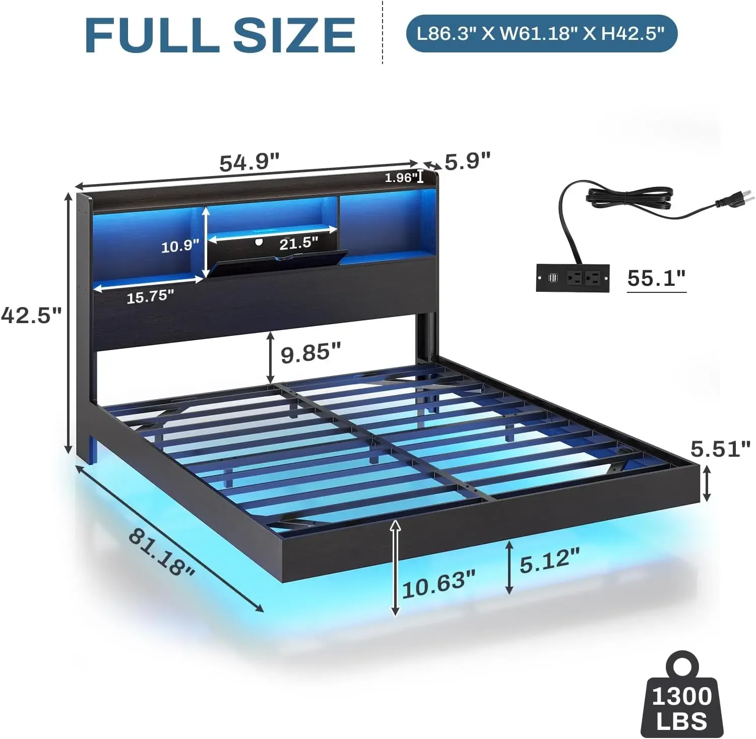 Full Floating Bed Frame with LED Lights and Storage Headboard, Visual Floating Bed with Charing Station, Full Size Metal