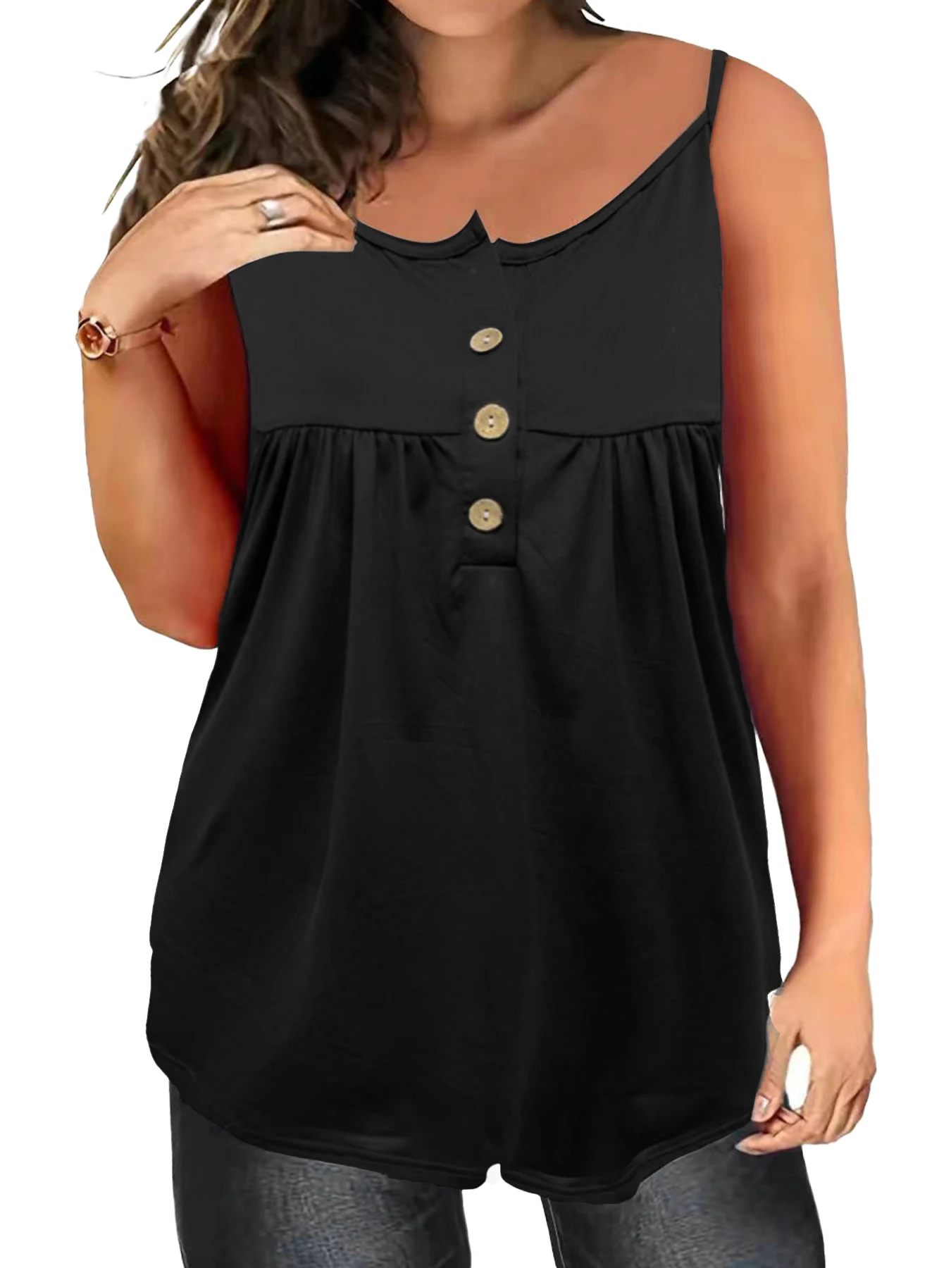 Camisola de tirantes finos para mujer de talla grande, top casual con botones decorativos, cintura imperio, sin mangas, holgado, para verano