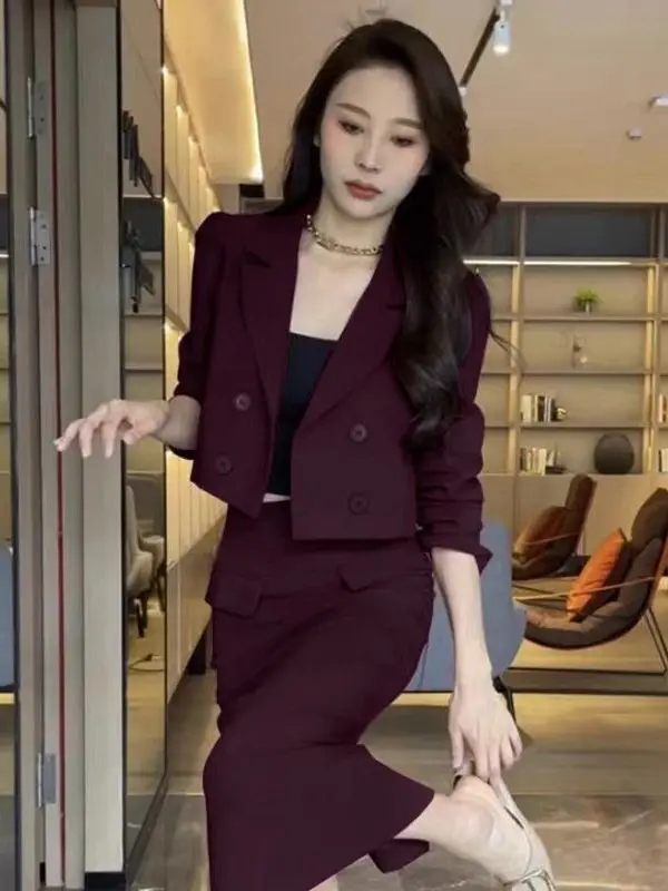 

Костюм с юбкой-карандаш на высокой талии, женский модный костюм в корейском стиле, пиджак с длинными рукавами из полиэфирного волокна, осенняя одежда