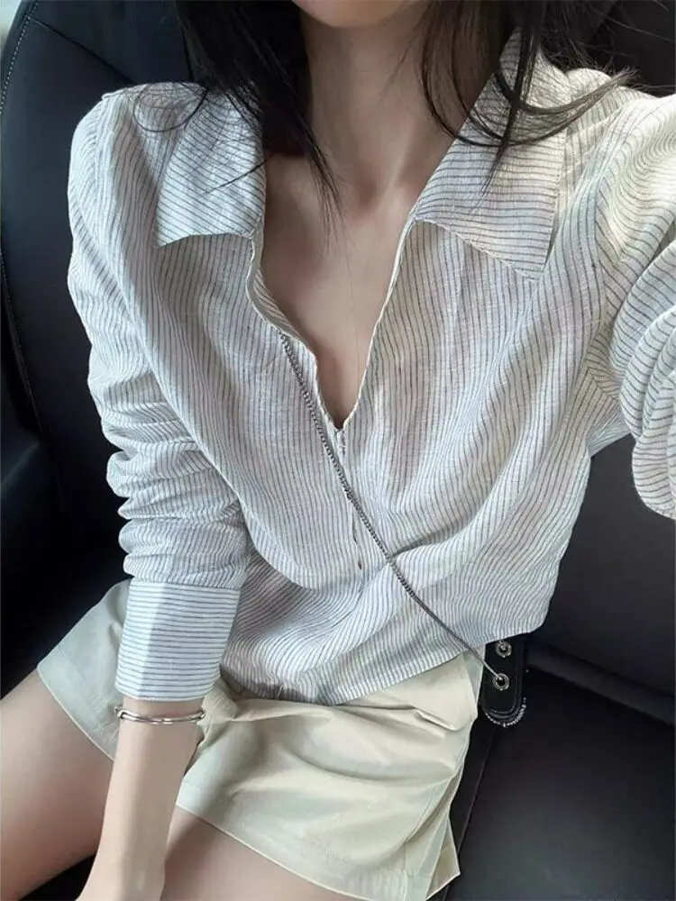 

Loose Long Sleeve V-Neck Color Block Striped Women's Shirt Spring Zipper Top Fashionable Versatile Thin Material Commute