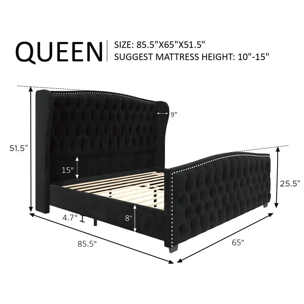 Luxurious Queen Size Velvet Upholstered Bed Frame